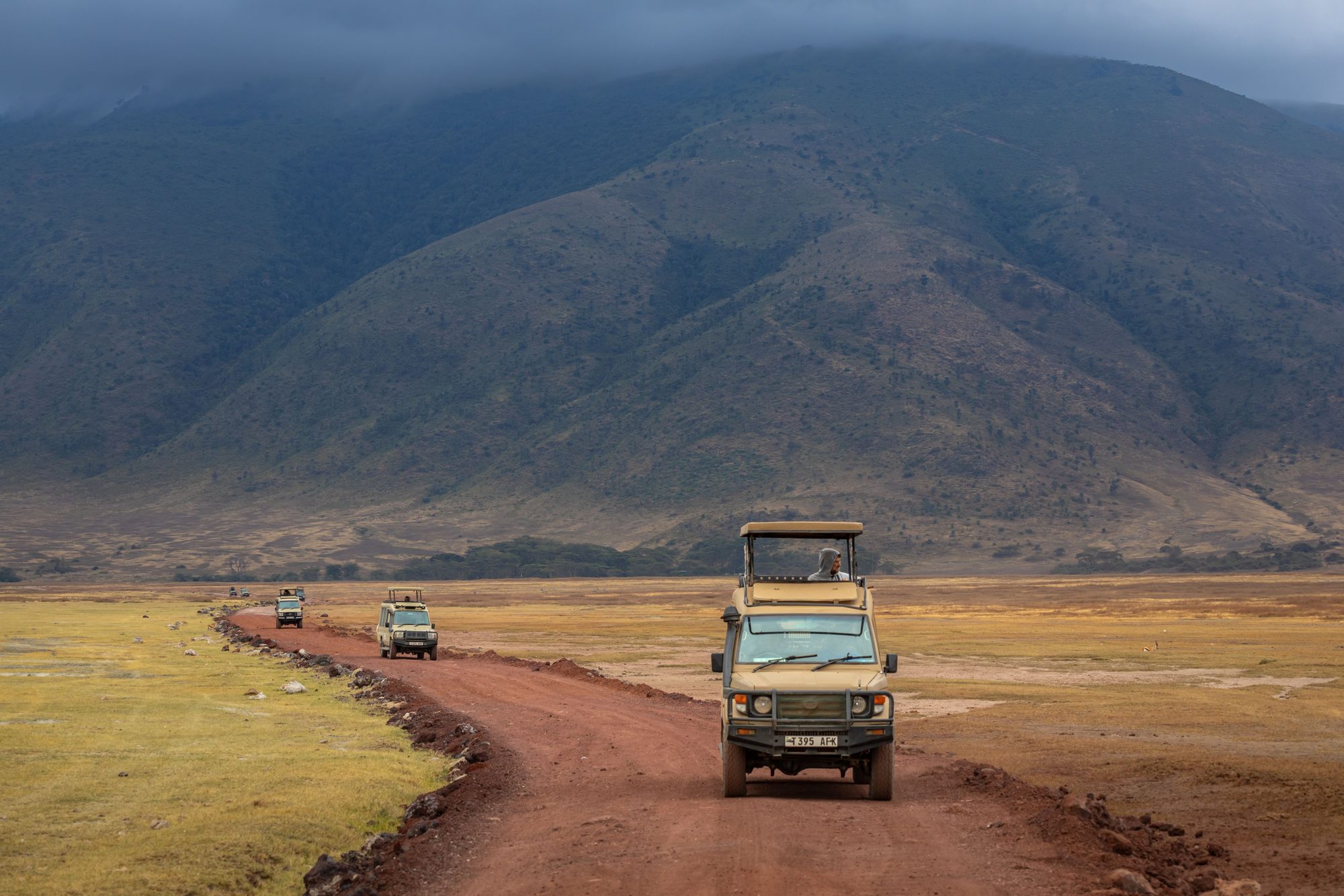 Safari vehicles on the Ngorongoro Crater floor