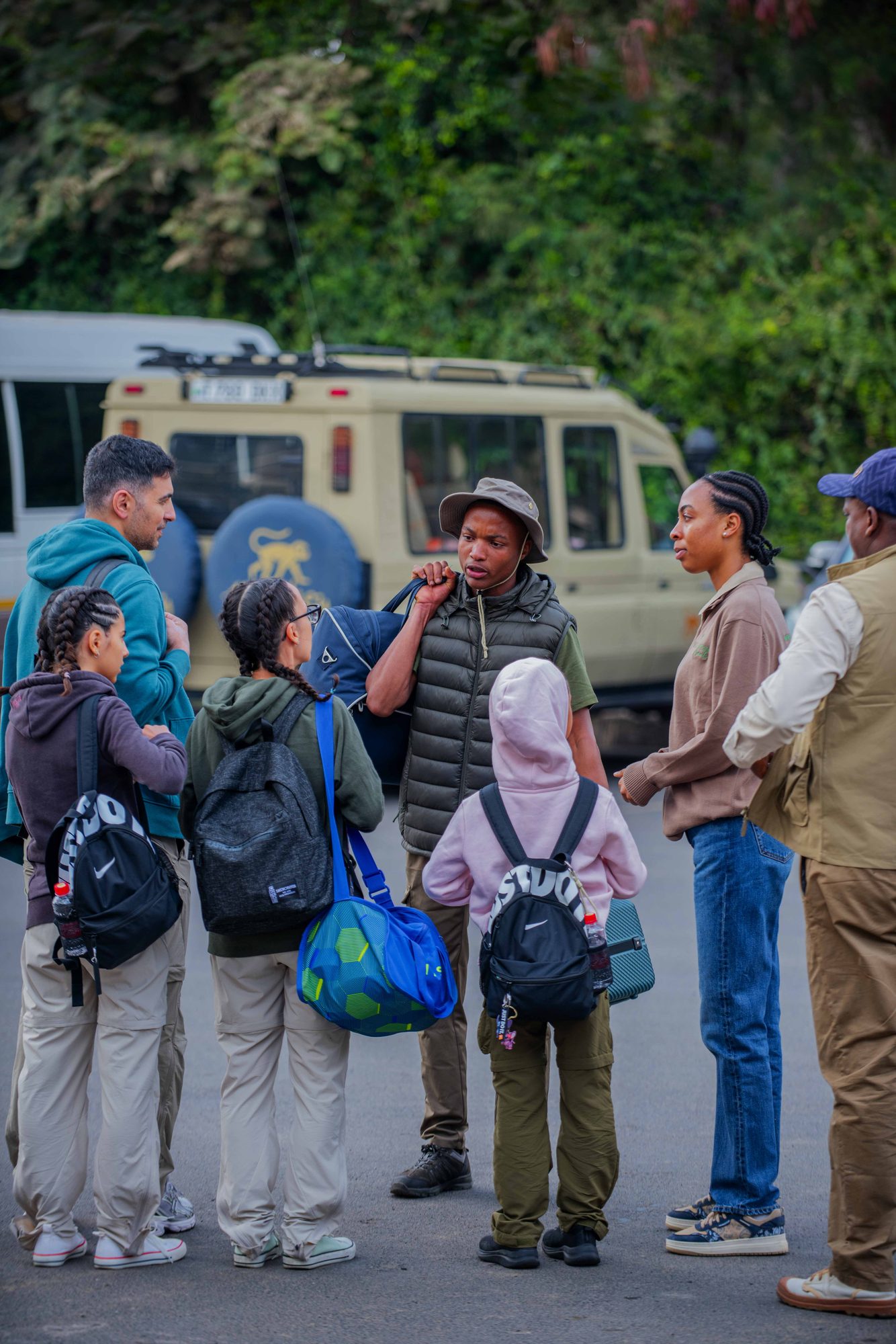 Guests and guide sharing a laugh at the start of the trip